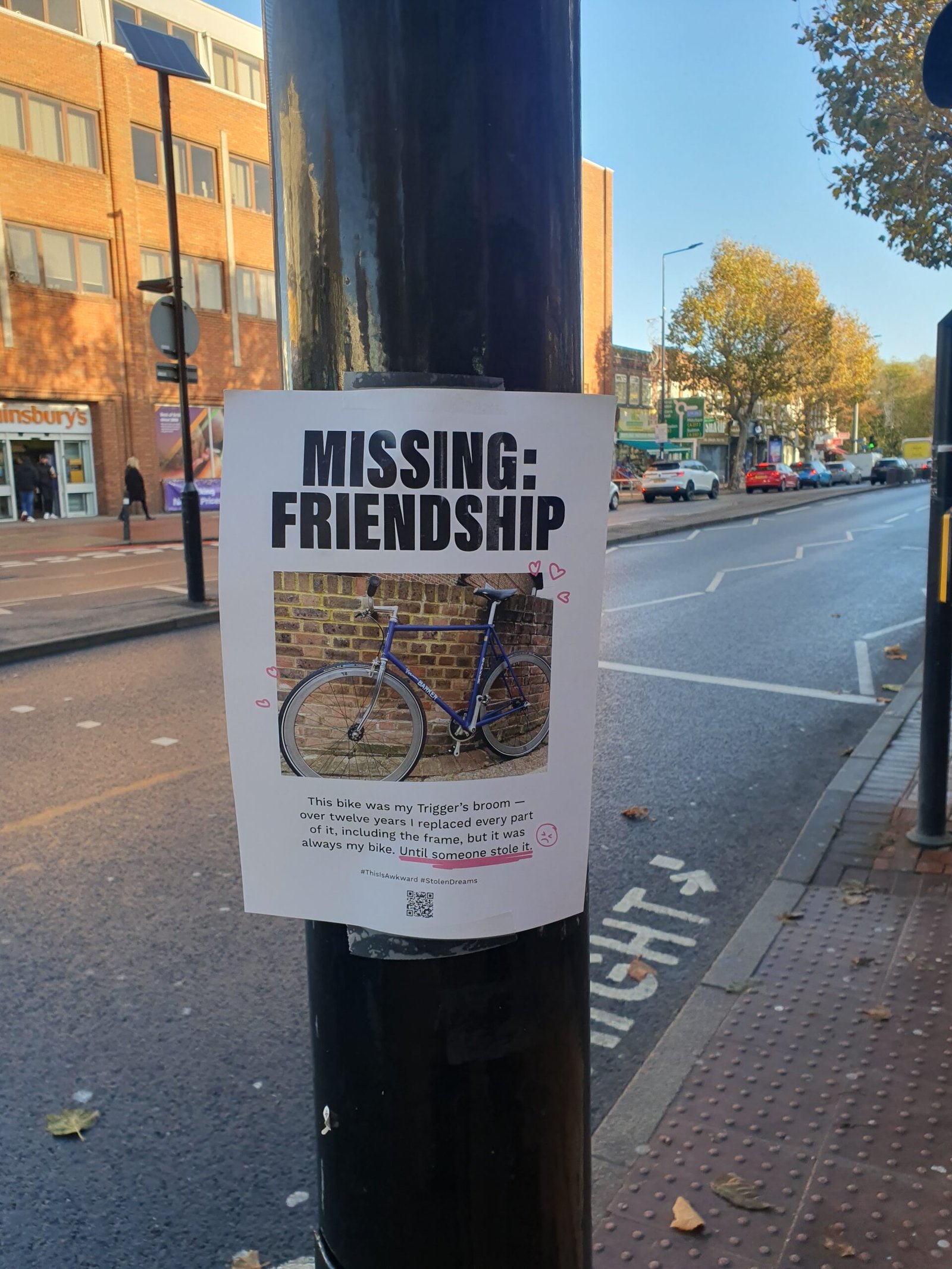 An example of the "Missing" poster ("Lampost Lament") put up around London today