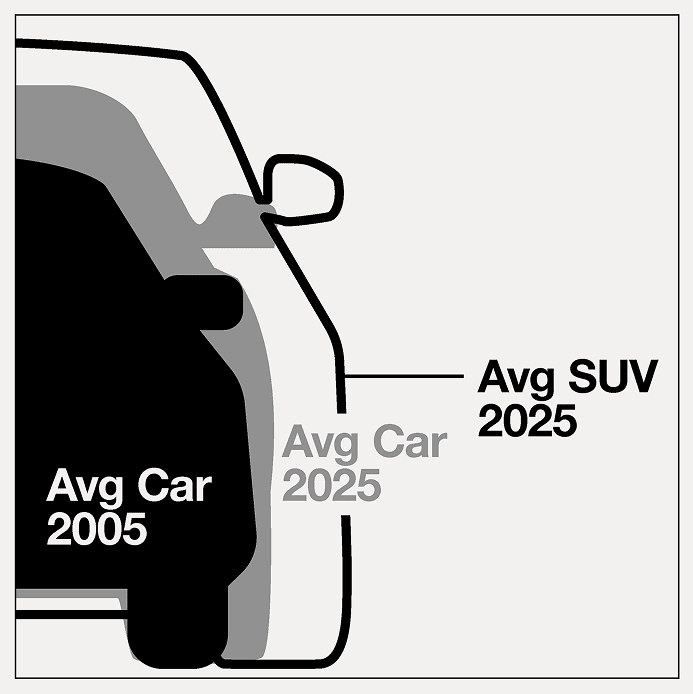 Diagram showing the width of the Average SUV in 2025 vs the Average Car in 2025 and 2005